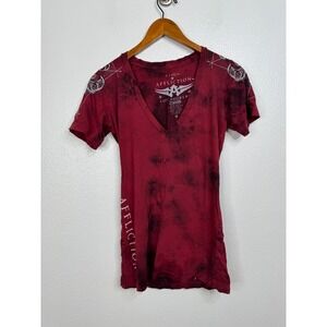 Affliction Womens V-Neck T-Shirt Red Tie Dye Embroidered Y2K Grunge Size L